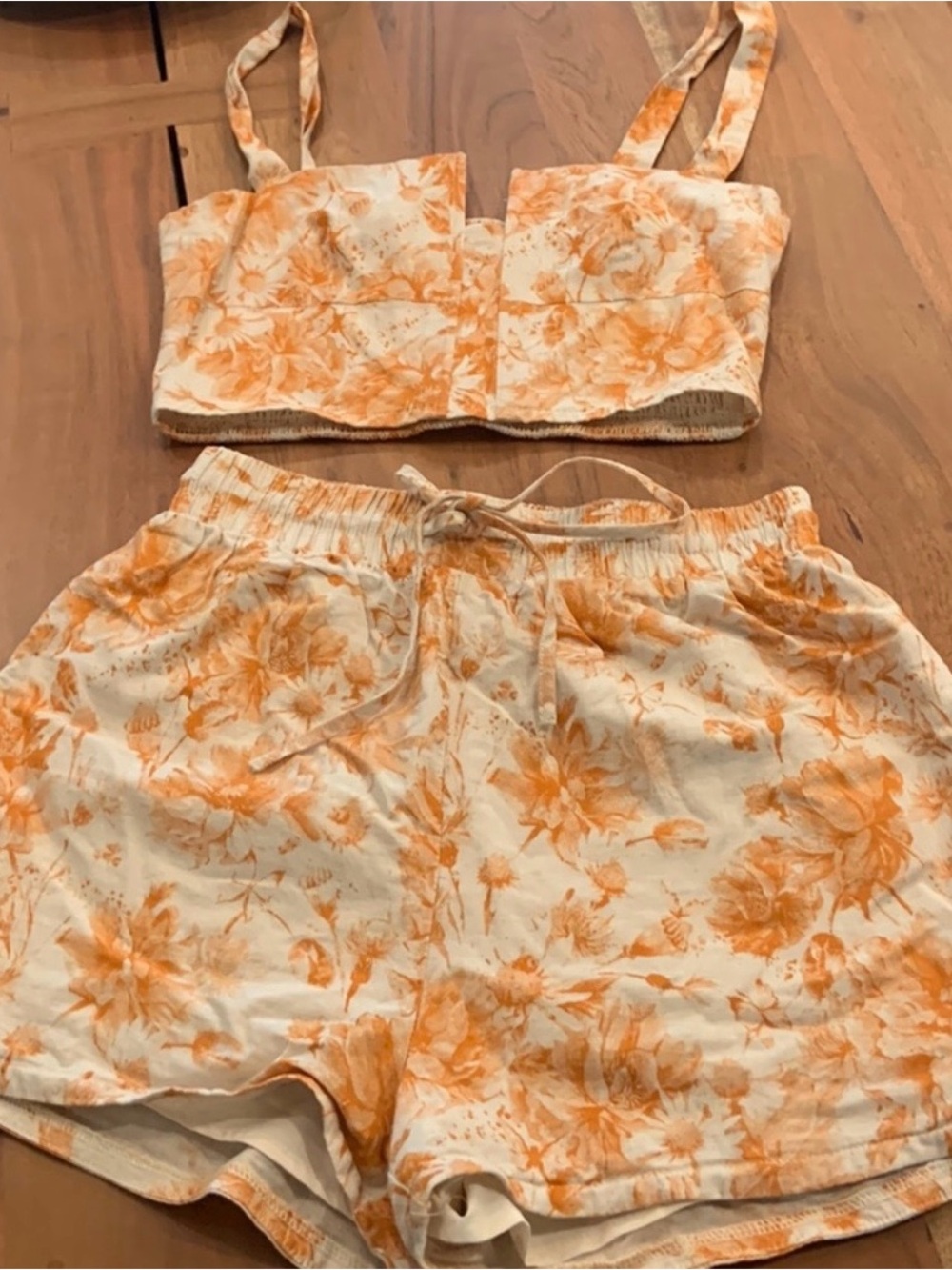 Vici Cream and Orange Floral Drawstring Shorts